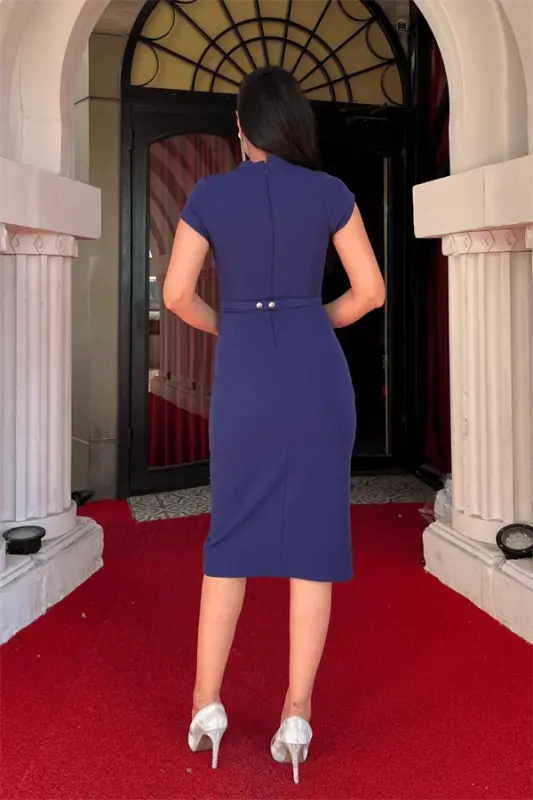 Atlas Fabric Belt Detailed Pencil Dress - NAVY BLUE - 5