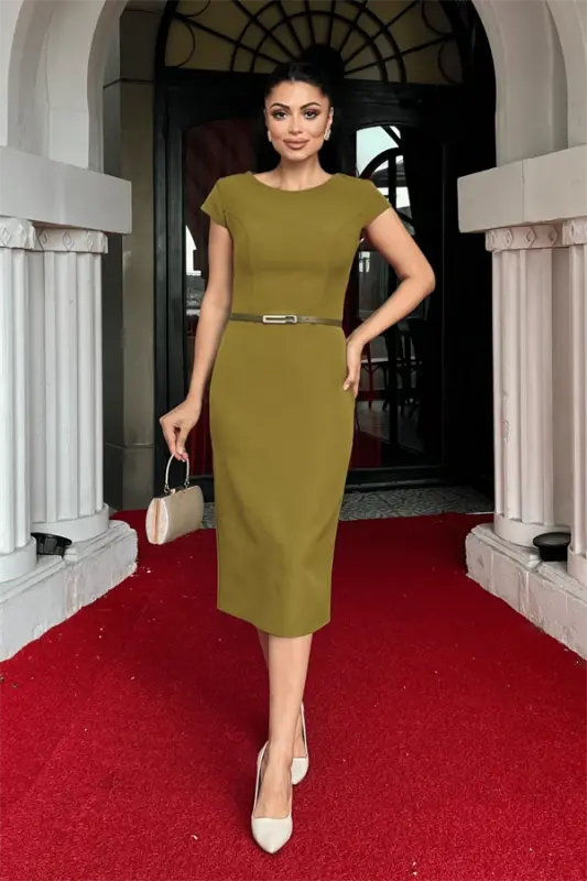 Atlas Fabric Belt Detailed Pencil Dress - Pistachio Green - 1