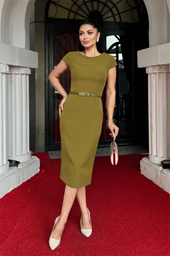 Atlas Fabric Belt Detailed Pencil Dress - Pistachio Green - BÜYÜKBEDENIZ (1)