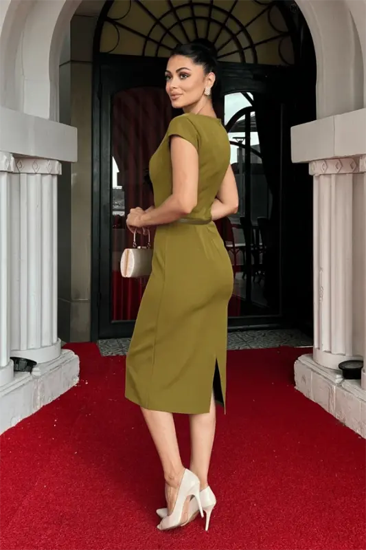 Atlas Fabric Belt Detailed Pencil Dress - Pistachio Green - 5