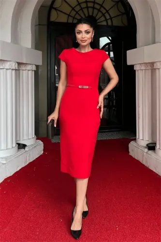 Atlas Fabric Belt Detailed Pencil Dress - RED - BÜYÜKBEDENIZ (1)