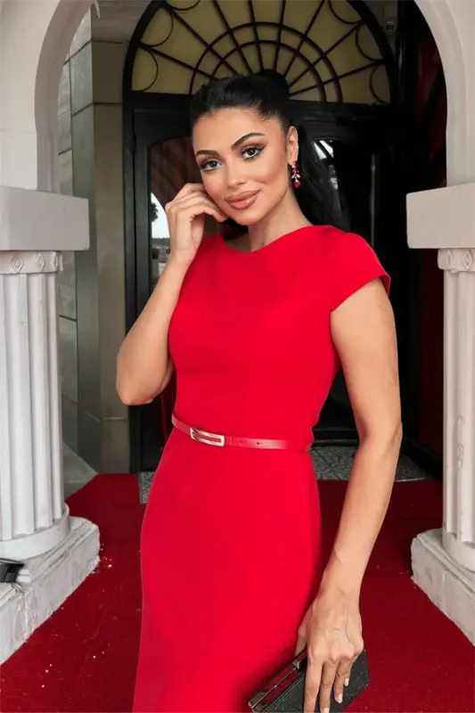 Atlas Fabric Belt Detailed Pencil Dress - RED - 3