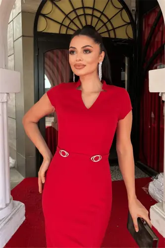 Atlas Fabric Belt Detailed Pencil Dress - RED - 4