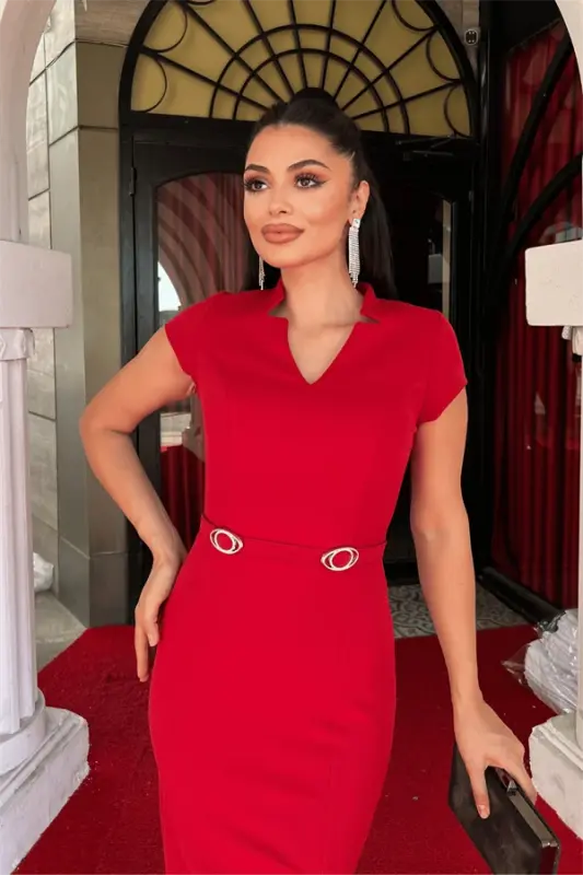 Atlas Fabric Belt Detailed Pencil Dress - RED - 4