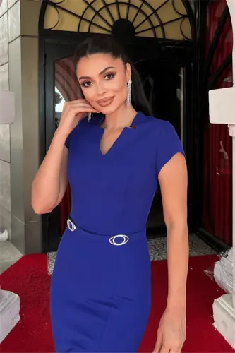 Atlas Fabric Belt Detailed Pencil Dress - SAX BLUE - 3