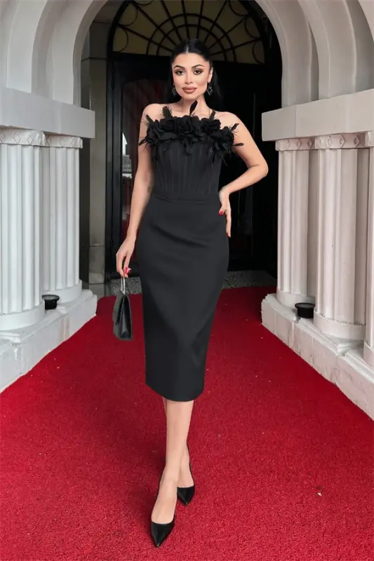 Atlas Fabric Boned Rose Detailed Pencil Dress - BLACK - BÜYÜKBEDENIZ