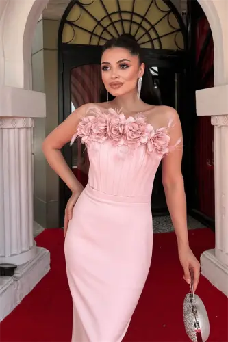 Atlas Fabric Boned Rose Detailed Pencil Dress - POWDER - 4