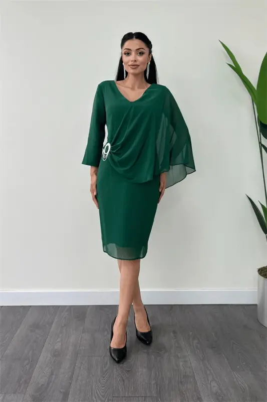 Atlas Fabric Chiffon Brooch Detailed Pencil Dress - Emerald Green - 1