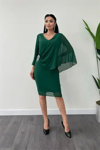 Atlas Fabric Chiffon Brooch Detailed Pencil Dress - Emerald Green - 2