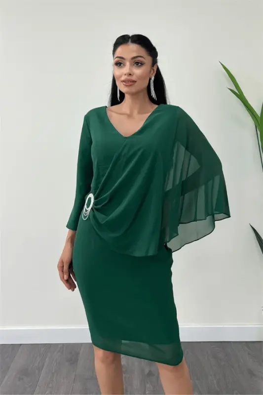 Atlas Fabric Chiffon Brooch Detailed Pencil Dress - Emerald Green - 3