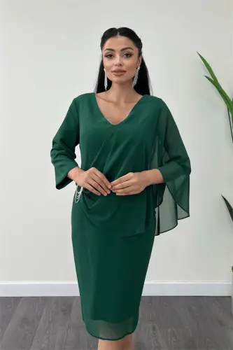 Atlas Fabric Chiffon Brooch Detailed Pencil Dress - Emerald Green - 4