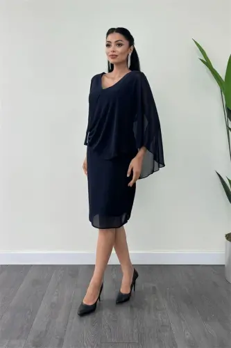 Atlas Fabric Chiffon Brooch Detailed Pencil Dress - NAVY - 2