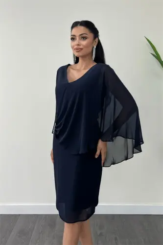 Atlas Fabric Chiffon Brooch Detailed Pencil Dress - NAVY - 3