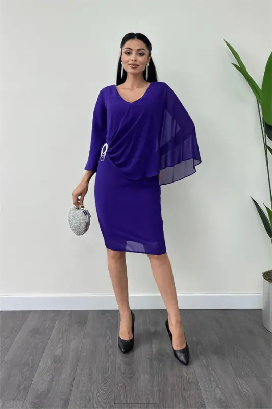 Atlas Fabric Chiffon Brooch Detailed Pencil Dress - PURPLE - BÜYÜKBEDENIZ