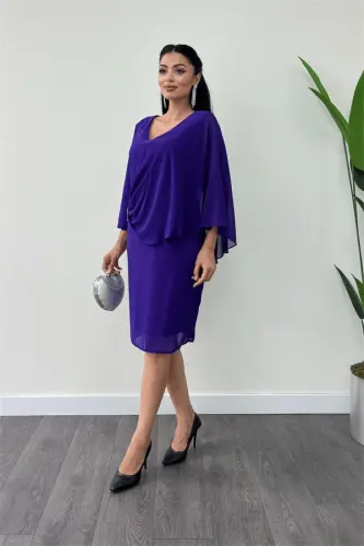 Atlas Fabric Chiffon Brooch Detailed Pencil Dress - PURPLE - 2