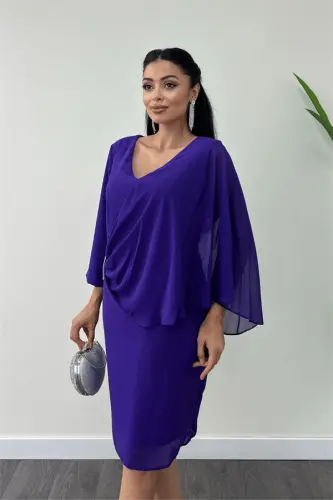 Atlas Fabric Chiffon Brooch Detailed Pencil Dress - PURPLE - 3