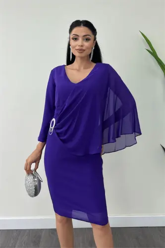 Atlas Fabric Chiffon Brooch Detailed Pencil Dress - PURPLE - 4