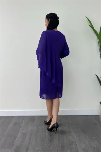 Atlas Fabric Chiffon Brooch Detailed Pencil Dress - PURPLE - 5