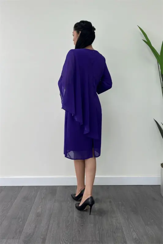 Atlas Fabric Chiffon Brooch Detailed Pencil Dress - PURPLE - 5