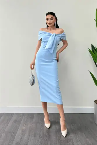 Atlas Fabric Collar Ribbon Detailed Pencil Dress - BABY BLUE - 1