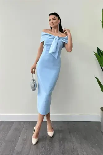 Atlas Fabric Collar Ribbon Detailed Pencil Dress - BABY BLUE - 2