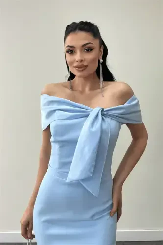 Atlas Fabric Collar Ribbon Detailed Pencil Dress - BABY BLUE - 3