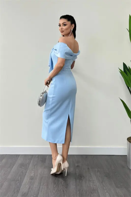 Atlas Fabric Collar Ribbon Detailed Pencil Dress - BABY BLUE - 5