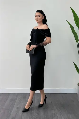 Atlas Fabric Collar Ribbon Detailed Pencil Dress - BLACK - BÜYÜKBEDENIZ (1)