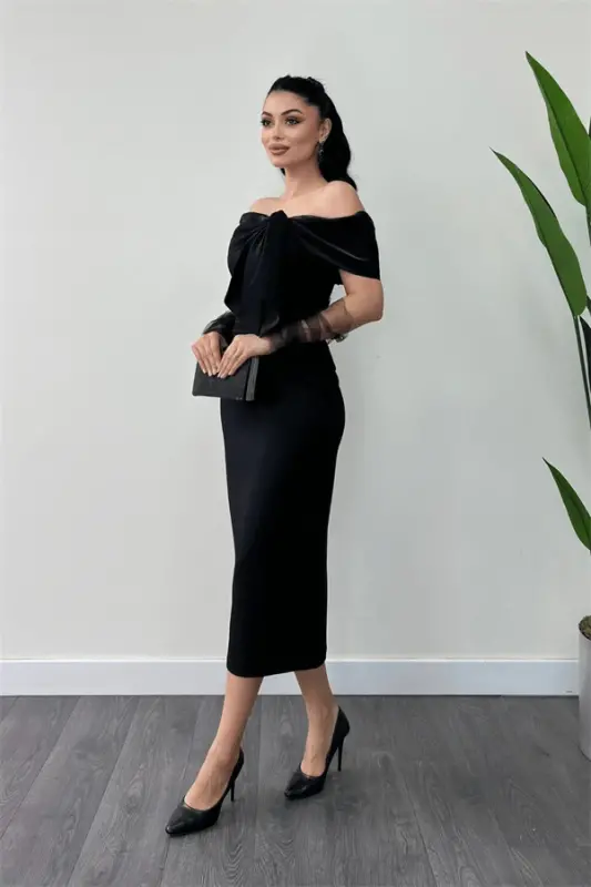 Atlas Fabric Collar Ribbon Detailed Pencil Dress - BLACK - 2