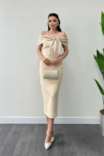 Atlas Fabric Collar Ribbon Detailed Pencil Dress - CREAM - 1