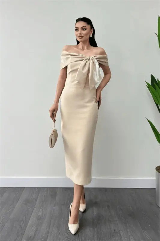 Atlas Fabric Collar Ribbon Detailed Pencil Dress - CREAM - 2