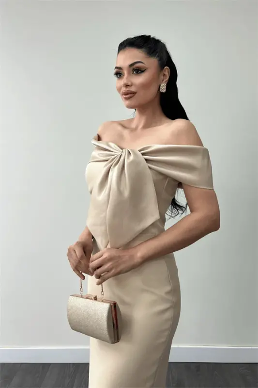 Atlas Fabric Collar Ribbon Detailed Pencil Dress - CREAM - 3