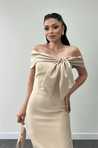 Atlas Fabric Collar Ribbon Detailed Pencil Dress - CREAM - 4