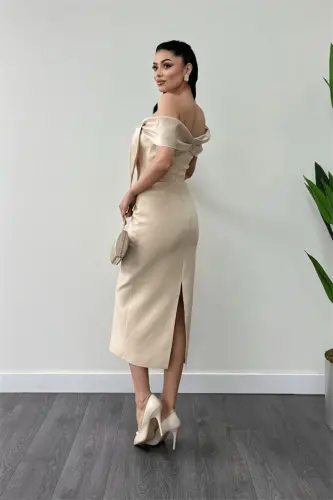 Atlas Fabric Collar Ribbon Detailed Pencil Dress - CREAM - 5