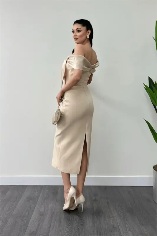 Atlas Fabric Collar Ribbon Detailed Pencil Dress - CREAM - 5