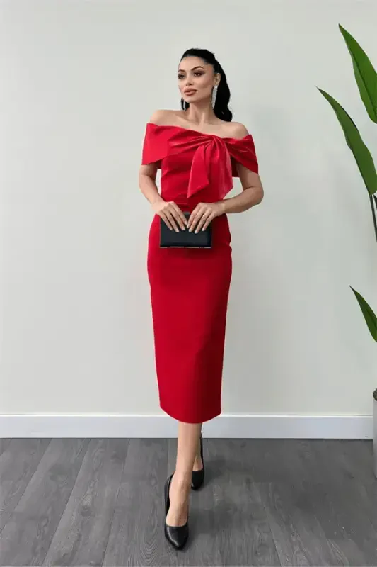 Atlas Fabric Collar Ribbon Detailed Pencil Dress - RED - BÜYÜKBEDENIZ