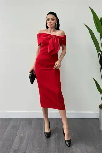 Atlas Fabric Collar Ribbon Detailed Pencil Dress - RED - 2