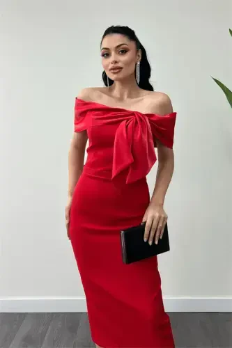 Atlas Fabric Collar Ribbon Detailed Pencil Dress - RED - 3