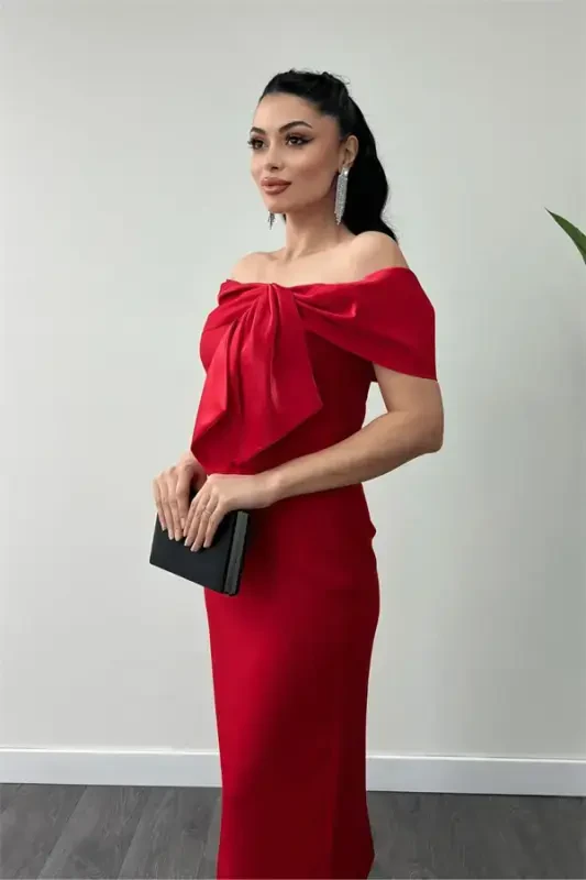 Atlas Fabric Collar Ribbon Detailed Pencil Dress - RED - 4