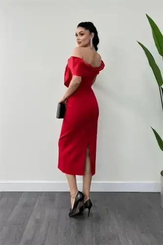 Atlas Fabric Collar Ribbon Detailed Pencil Dress - RED - 5