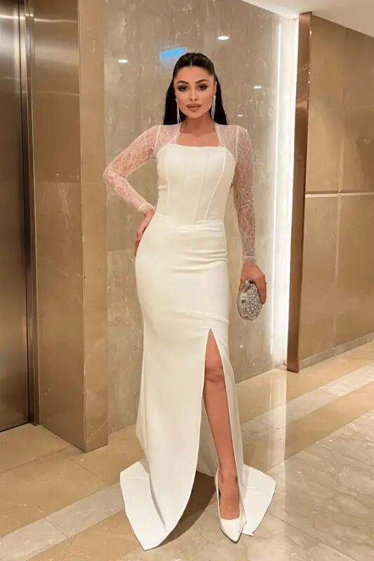 Atlas Fabric Corset Detailed Evening Dress with Lace - WHITE - BÜYÜKBEDENIZ
