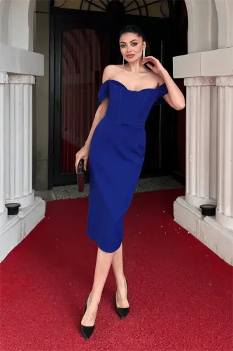 Atlas Fabric Corset Detailed Pencil Dress - SAXE BLUE - BÜYÜKBEDENIZ (1)