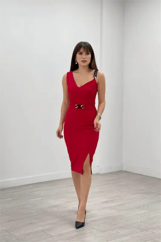 Atlas Fabric Detailed Accessory Evening Dress - RED - 2