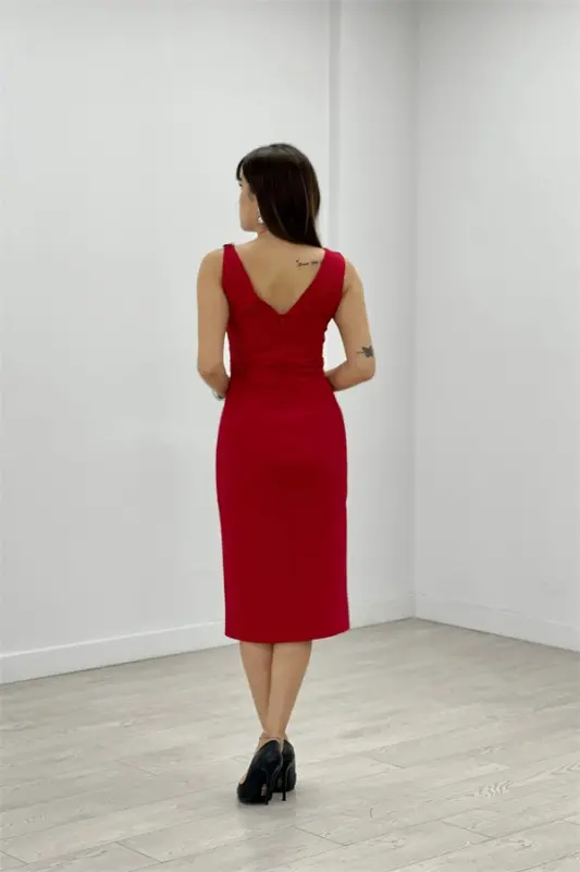 Atlas Fabric Detailed Accessory Evening Dress - RED - 5