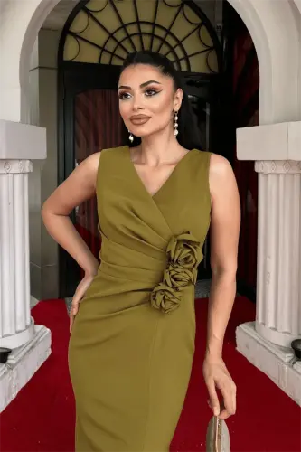 Atlas Fabric Dress with Rose Detail - Pistachio Green - 4