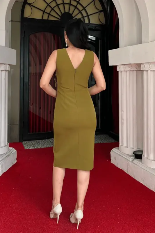 Atlas Fabric Dress with Rose Detail - Pistachio Green - 5