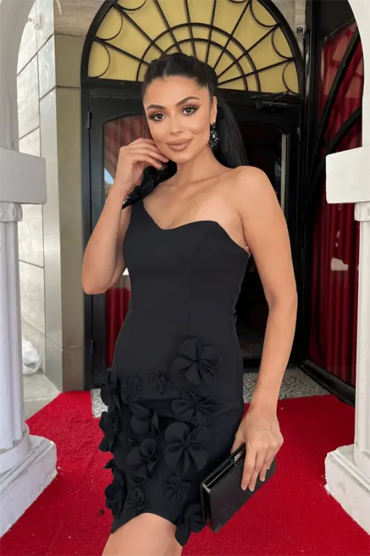 Atlas Fabric Floral Detailed Mini Dress - BLACK - 4