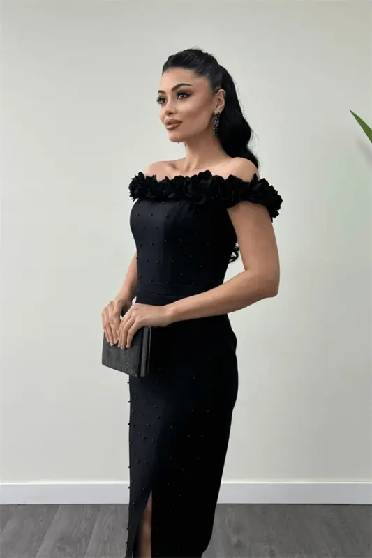 Atlas Fabric Floral Pearl Detailed Pencil Dress - BLACK - 4