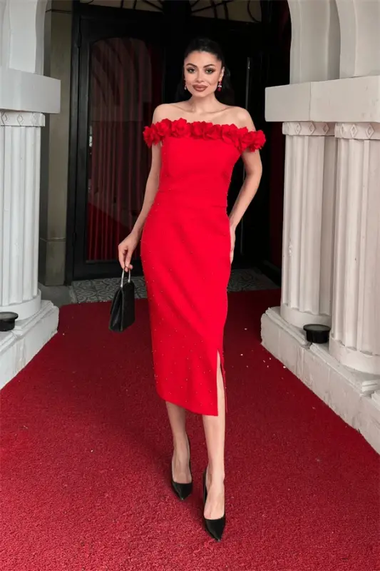 Atlas Fabric Floral Pearl Detailed Pencil Dress - RED - BÜYÜKBEDENIZ