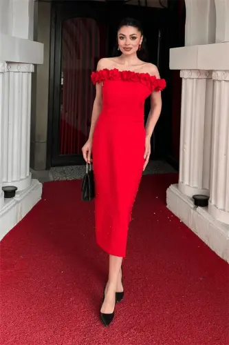Atlas Fabric Floral Pearl Detailed Pencil Dress - RED - BÜYÜKBEDENIZ (1)